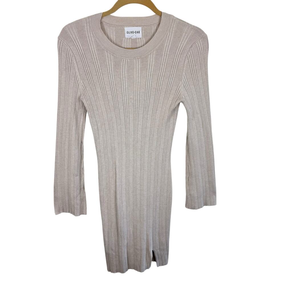 Olive & Oak Tan Rayon Ribbed Knit Long Sleeve Light Above Knee Sweater Dress M